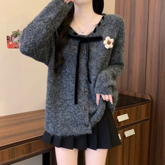 系带蝴蝶结毛衣开衫外套女春秋2025大码微胖mm法式甜美温柔风上衣