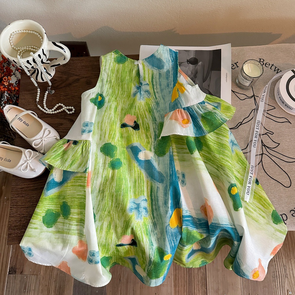 Vestido de algodón sin mangas de verano para siete niñas con limón salado 25 nuevo estilo de los niños falda de playa de estilo occidental falda de chaleco de bebé