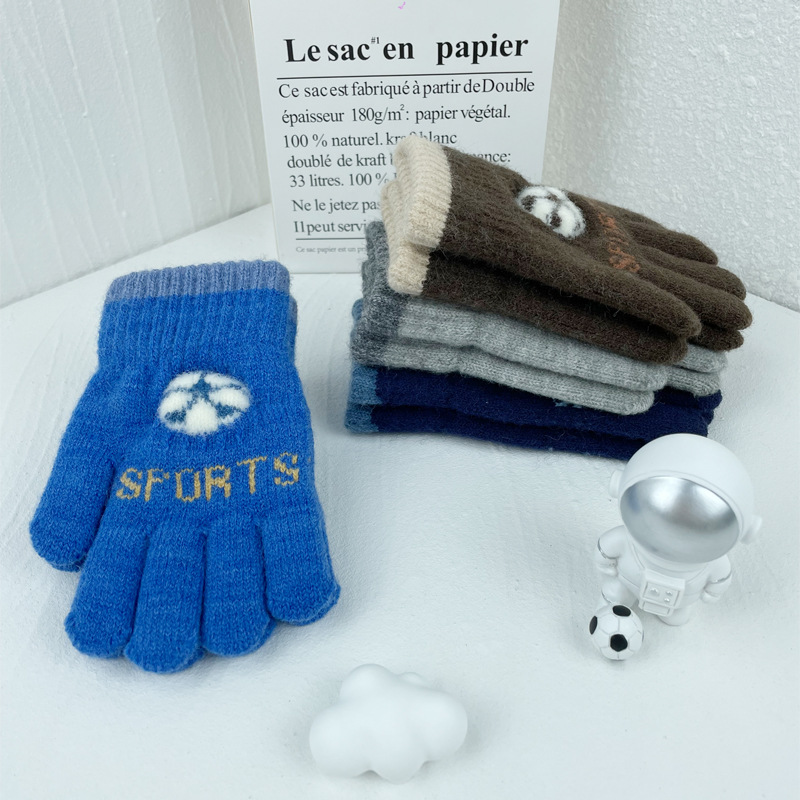 Children's Gloves Autumn and Winter Boys' Finger Cover Warm Thickened Baby's Wool Knitted Football Five-Finger Gloves