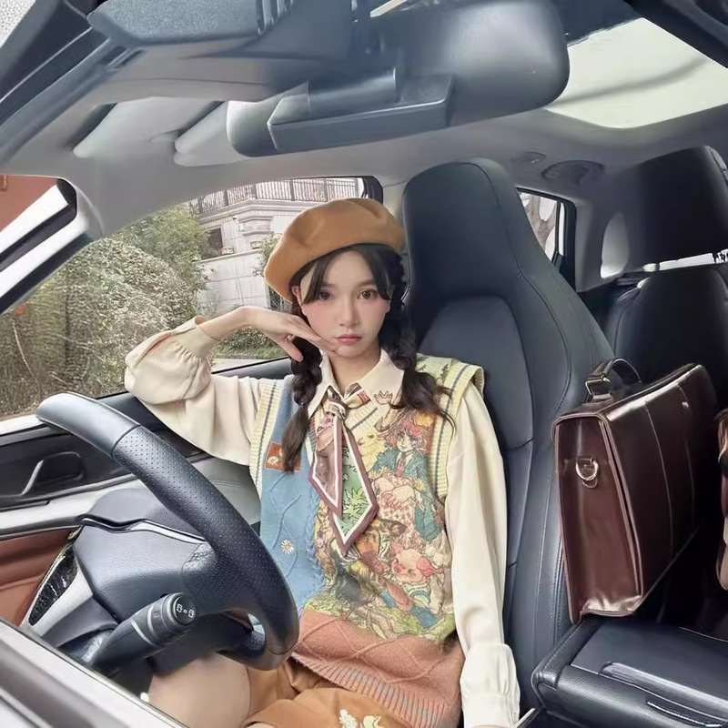 春秋新款甜美清新印花开衫毛衣女美拉德棕色V领针织外套宽松显瘦|undefined