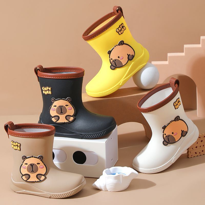 New Cartoon Kapibara Kidsren's Rain Boots, Mid-Tube Plus Velvet to Keep Warm, Primary School Students, Kindergarten, Waterproof and Non-Slip