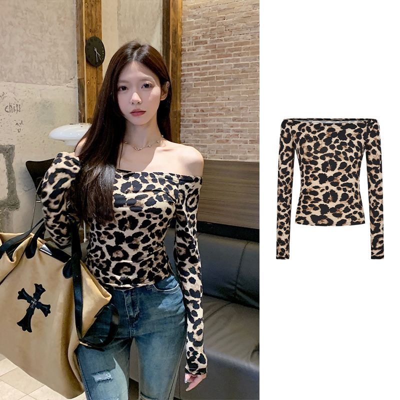 Pure quiere pellizcar la cintura delgada chica caliente americana estampado de leopardo hombro corto primavera y verano camiseta delgada camiseta de manga larga camiseta para mujeres image 7