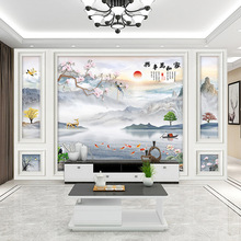 客厅电视背景墙壁纸五宫格山水壁画影视墙装修墙布8D立体壁布