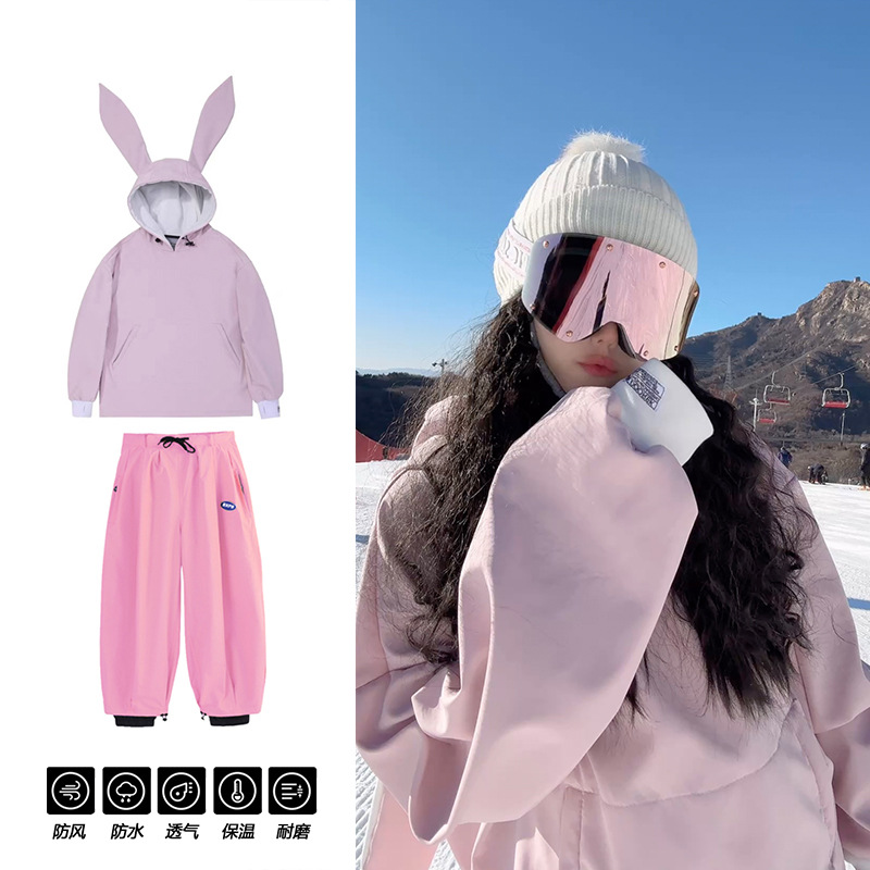 Pink Professional Ski Suit for Men and Women, Winter Snowboard Windproof and Warm Cute Rabbit Fleece-Lined Sweatshirt Two-Piece Set