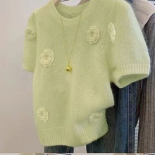 女夏法式气质温柔风白色立体花朵小衫上衣设计感针织短袖正肩t恤