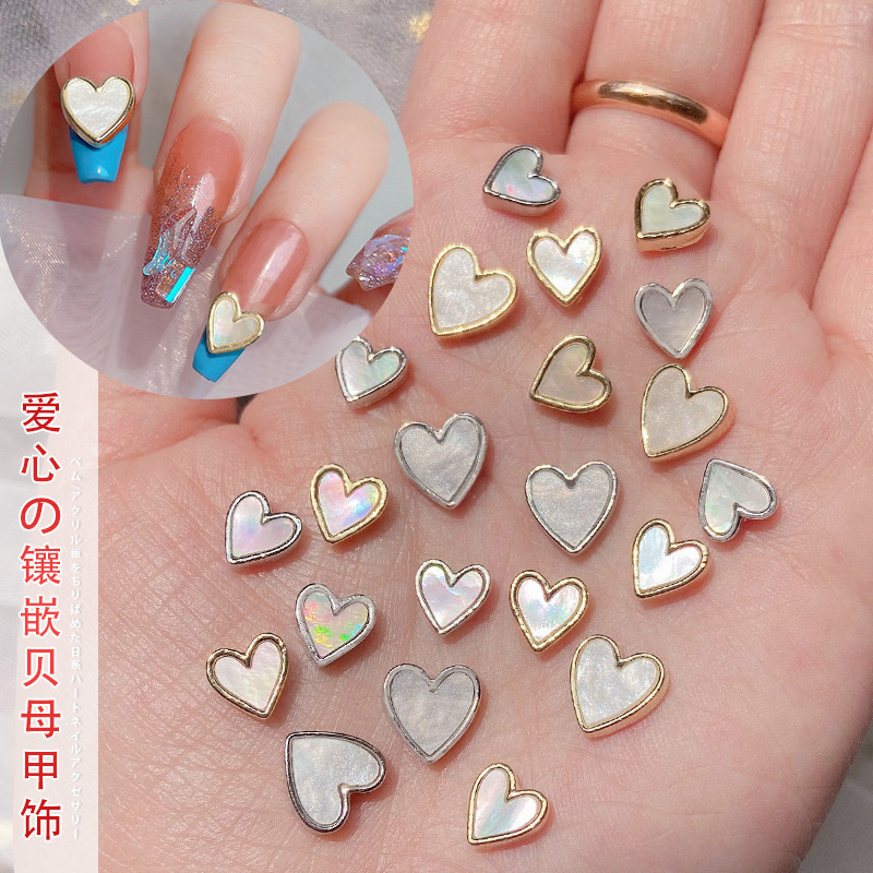 New Trendy Internet-Famous Nail Art Mother-Of-Pearl Decorations, Heart-Shaped Nail Metal Edge Accessories, Iridescent Shell Stone Ornaments
