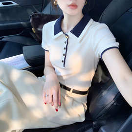 撞色polo领针织短袖t恤女2026夏季薄款修身显瘦气质百搭上衣13185