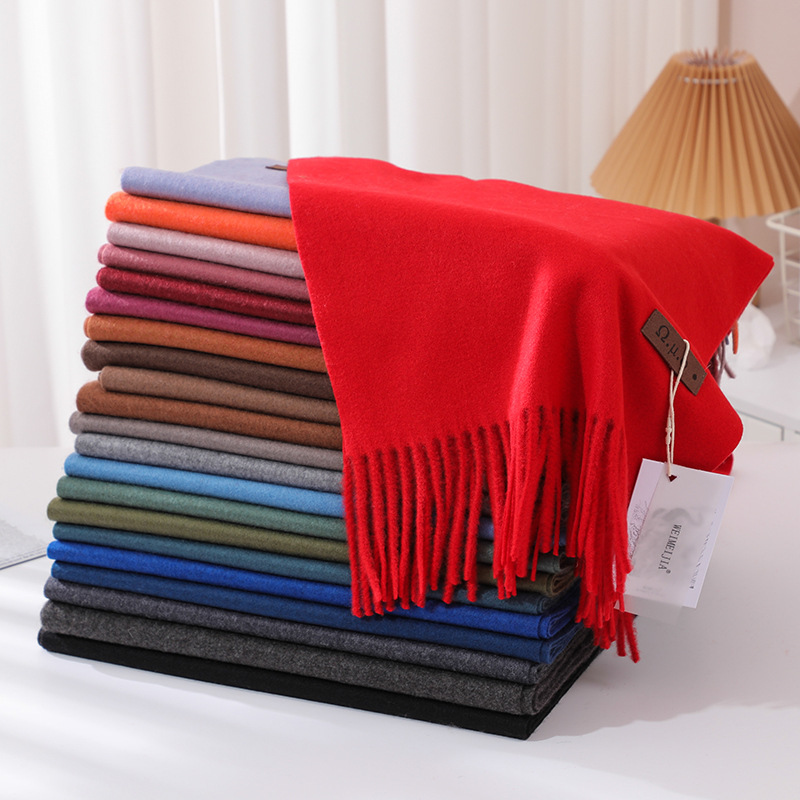 Wool Solid Color Cashmere Scarf Korean Style Tassel Imitation Cashmere High-End Warm Scarf Narrow Version Red Scarf for Women Wholesale