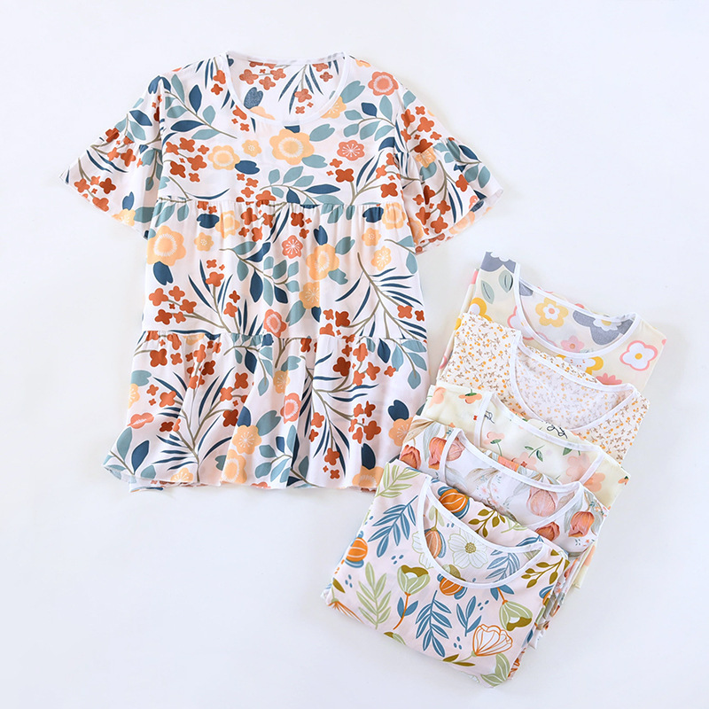 Summer Women's Thin Floral Cotton Short-sleeved Pajamas Top Single-piece Pullover Home Clothes Artificial Cotton Outer Wearing