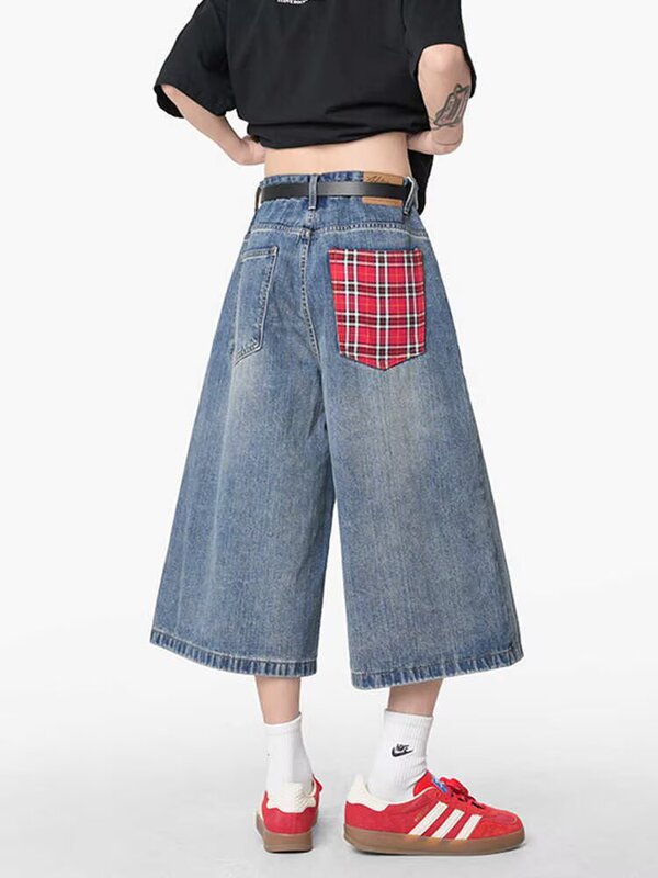 American-Style Street Red Plaid Patchwork Rolled Hem Jeans for Men and Women, Niche Retro Wide-Leg Straight Floor-Length Pants American-Style Street Red Plaid Patchwork Rolled Hem Jeans for Men and Women, Niche Retro Wide-Leg Straight Floor-Length Pants
