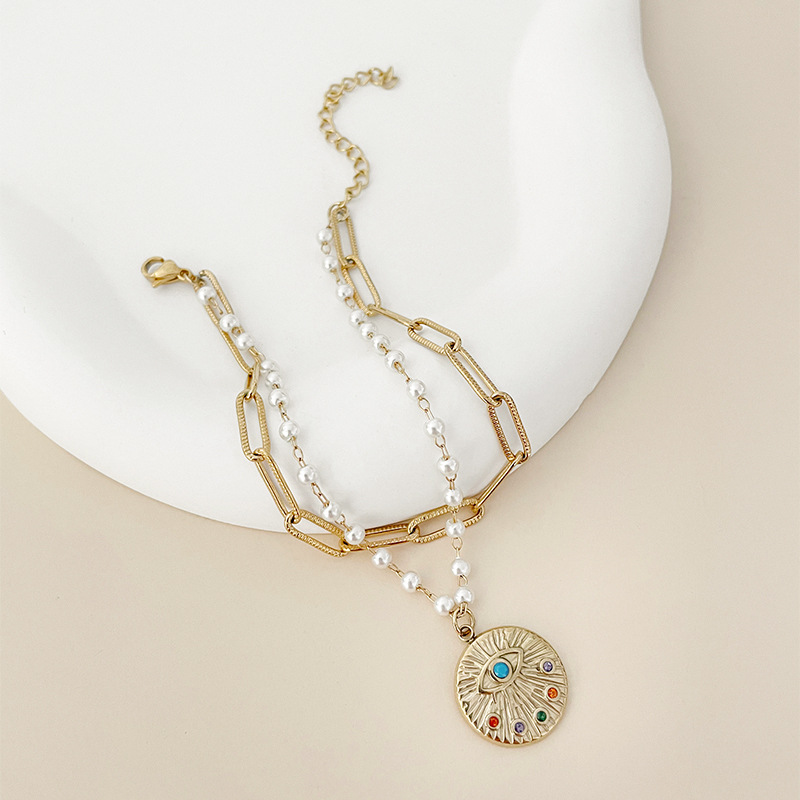 Fashion Devilu0027S Eye Stainless Steel Pearl Plating Inlay Zircon Bracelets 1 Piece