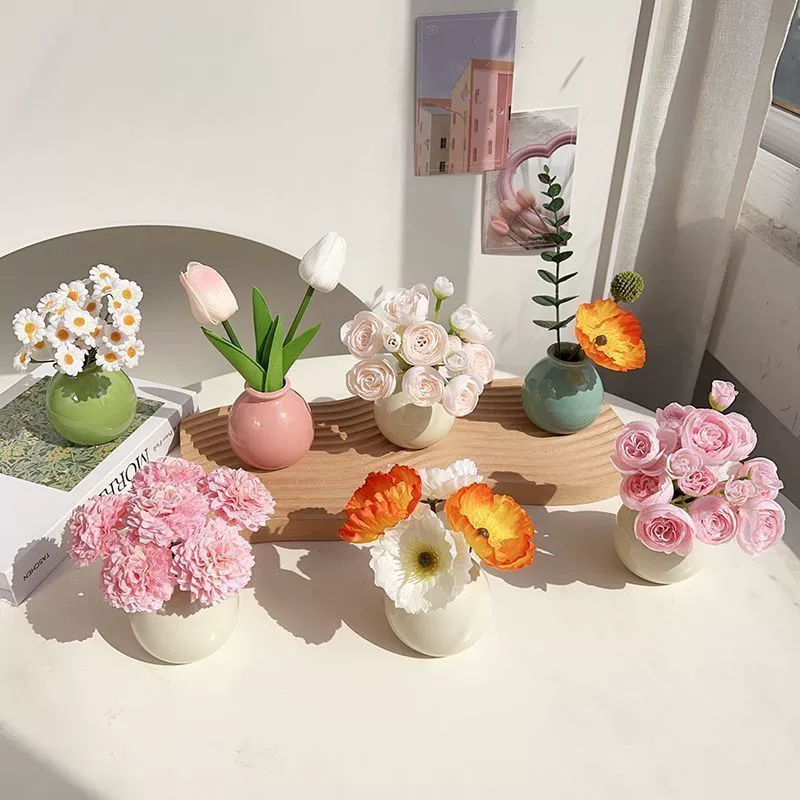 Ins кремовый ветер керамическая маленькая ваза высокого уровня сухого цветка поддельные цветочные украшения столешницы входной двери украшения гостиной