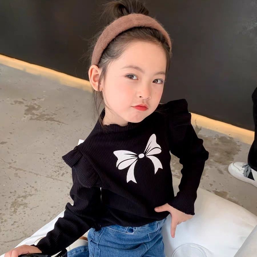 Primavera y otoño nueva camisa de manga larga para niñas de terciopelo Estilo occidental con volantes manga arco impreso bebé niñas SLIM-Fit ropa de otoño