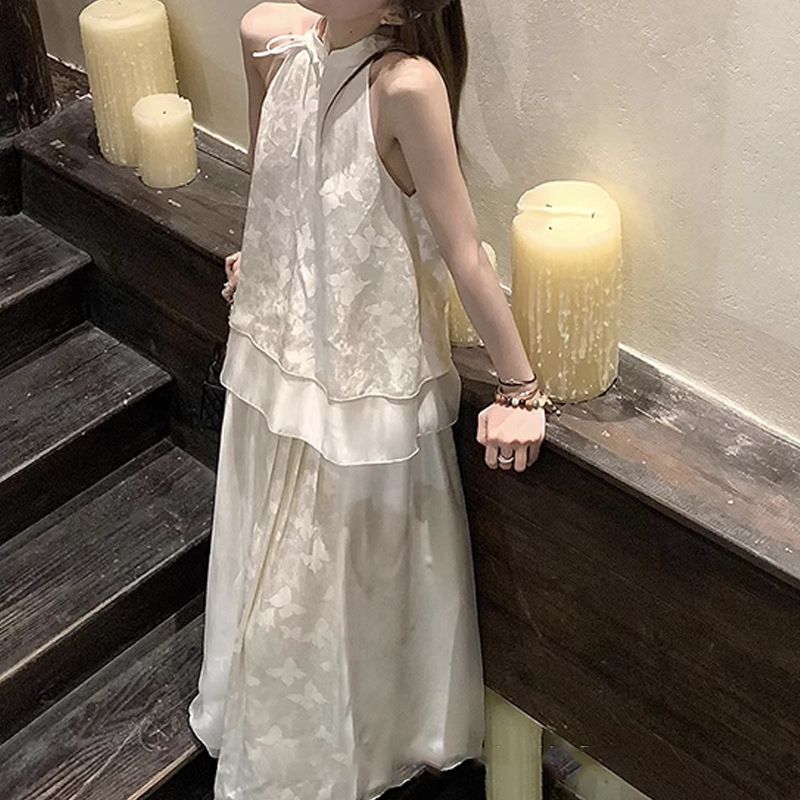 白茶琉璃’新中式上衣半裙套装女2024年夏季新款蝴蝶印花小衫长裙