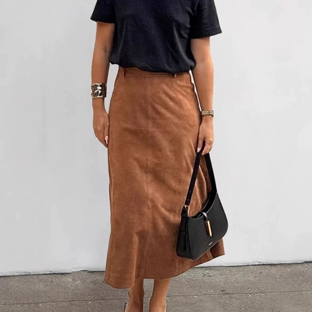 Коричневая замшевая юбка, коллекция осень-зима 2025, экспортная модель, ретро-стиль, высокая талия, шерстяная юбка А-силуэта, средней длины, женская одежда