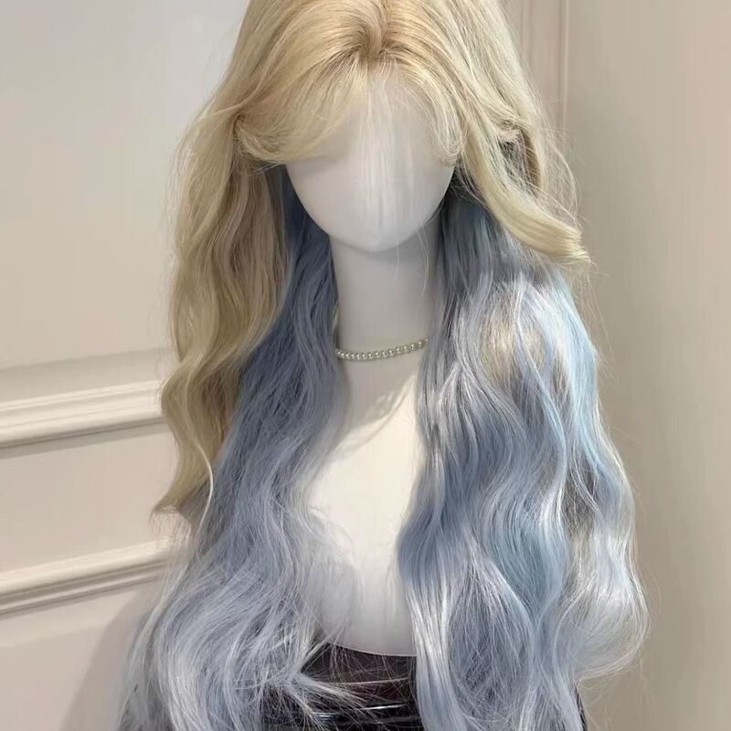 フェイクヘア女性チーズシーソルトプラチナグラデーションブルーリアルなナチュラルフルヘッドバンドスタイルビッグウェーブロングカーリーウィッグセット|undefined