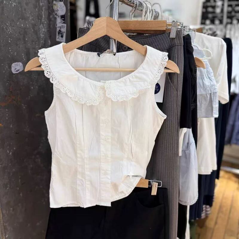 Bm Style New Model White Lace Trim Doll Collar Camisole Sleeveless Waist-Cinching Top for Women