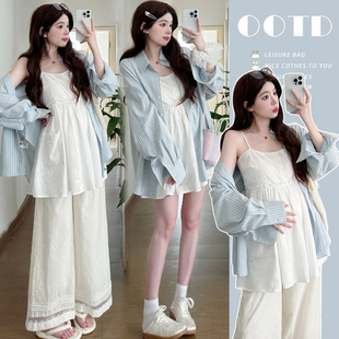Maternity Summer Outfit Set Korean Style Lazy Chic Summer Three-Piece Set Petite Wide-Leg Pants Summer Trendy Mom