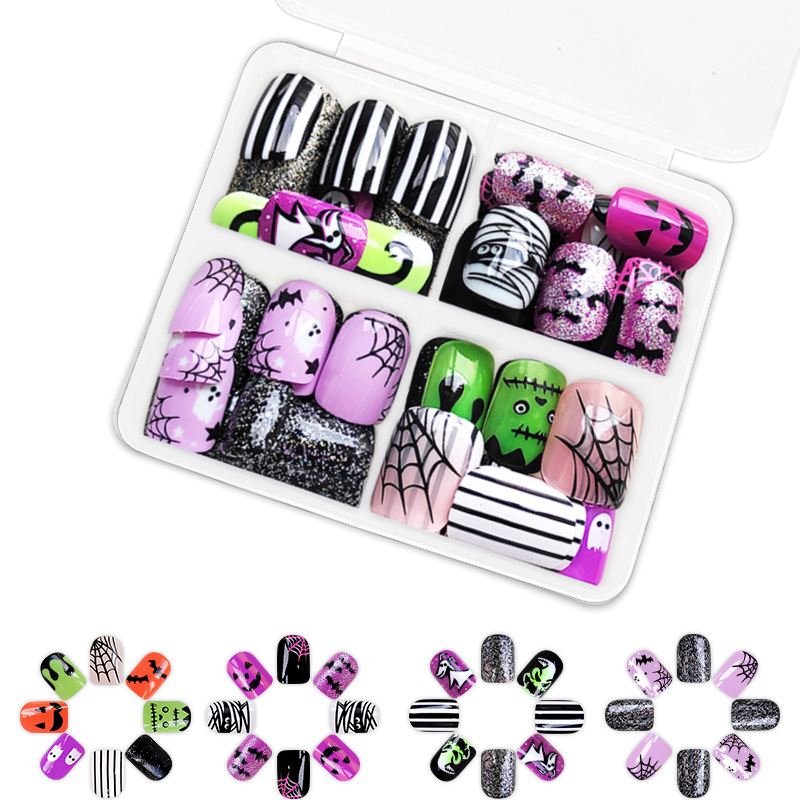 Combinazione di nail art con faccia corta e luminosa, ragnatela di Halloween, pipistrello, fantasma, temperamento, moda, usura 96 24 x 4_voghion.com