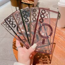 适用三星S25Ultra手机壳透明电镀磁吸MagSafe镜头膜A56全包无线充