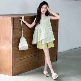女童衬衫夏装中大童韩系时尚夏季新款不规则上衣无袖格子衬衣套装