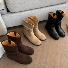 粗跟绒面堆堆靴马丁靴女靴子2025新款春秋季卡其色显瘦法式小短靴