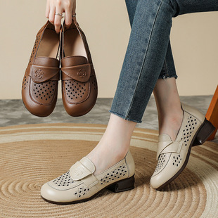 Top layer cowhide spring and summer new vintage ethnic style women's shoes thick heel leather hollow hole shoes non-slip mother shoes