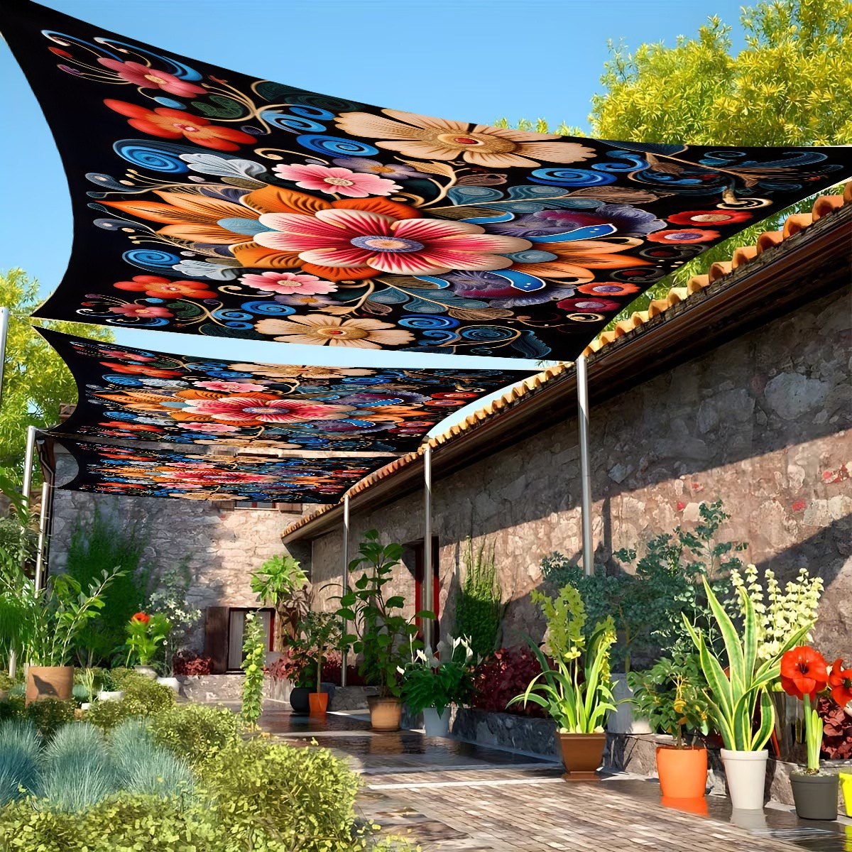 Cross-border outdoor sunshade fabric for courtyard terrace ceiling, waterproof and sun-proof canopy hanging cloth, printed decorative fabric for ambiance decoration