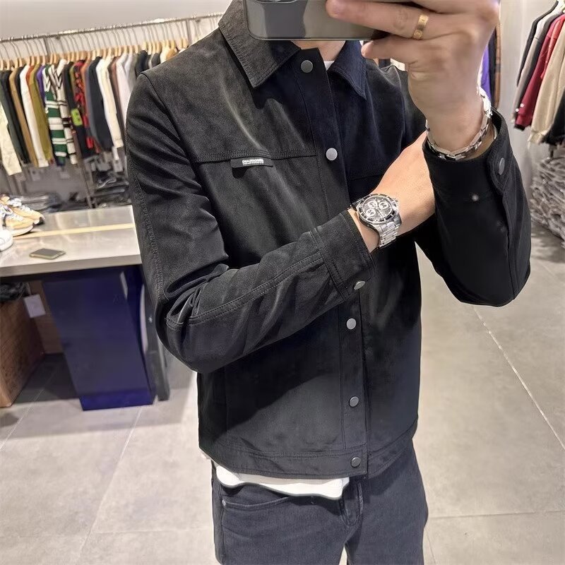 Men's Suede Jacket Turn-down Collar Slim Fit Casual Coat_voghion.com