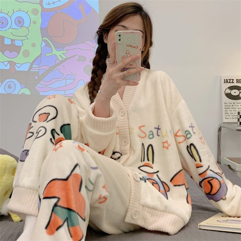 派大星睡衣套装2025冬季新款可爱加厚保暖珊瑚绒卡通开衫家居服女|undefined