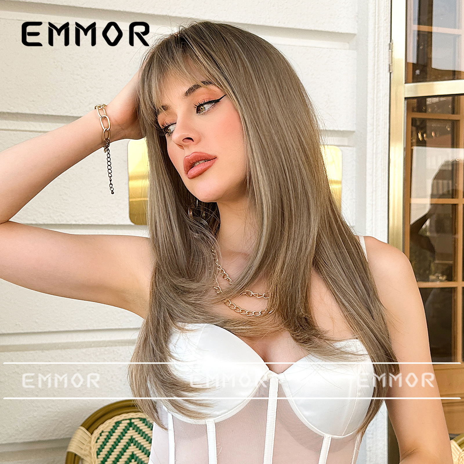 Estilo europeo y americano, flequillo completo, cabello largo y liso, mate de alto nivel, reducción natural de la edad, corte facial, peluca