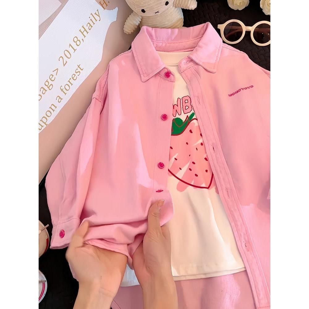 Nueva chaqueta de niña 2026 primavera y otoño estilo extranjero chicas primavera y otoño camisa vaquín rosa para niños Hanfan ropa de moda