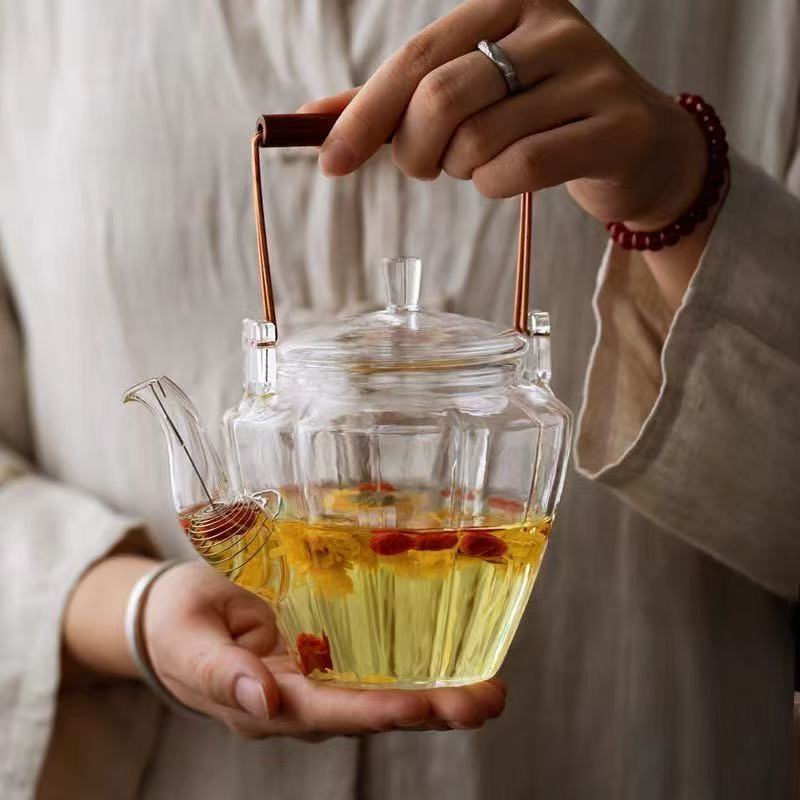 High-Temperature Resistant Glass Teapot with Handle, Household Tea Brewing Pot, New Chinese-Style High Aesthetic Value Tea Maker, Transparent Flower Teapot High-Temperature Resistant Glass Teapot with Handle, Household Tea Brewing Pot, New Chinese-Style High Aesthetic Value Tea Maker, Transparent Flower Teapot
