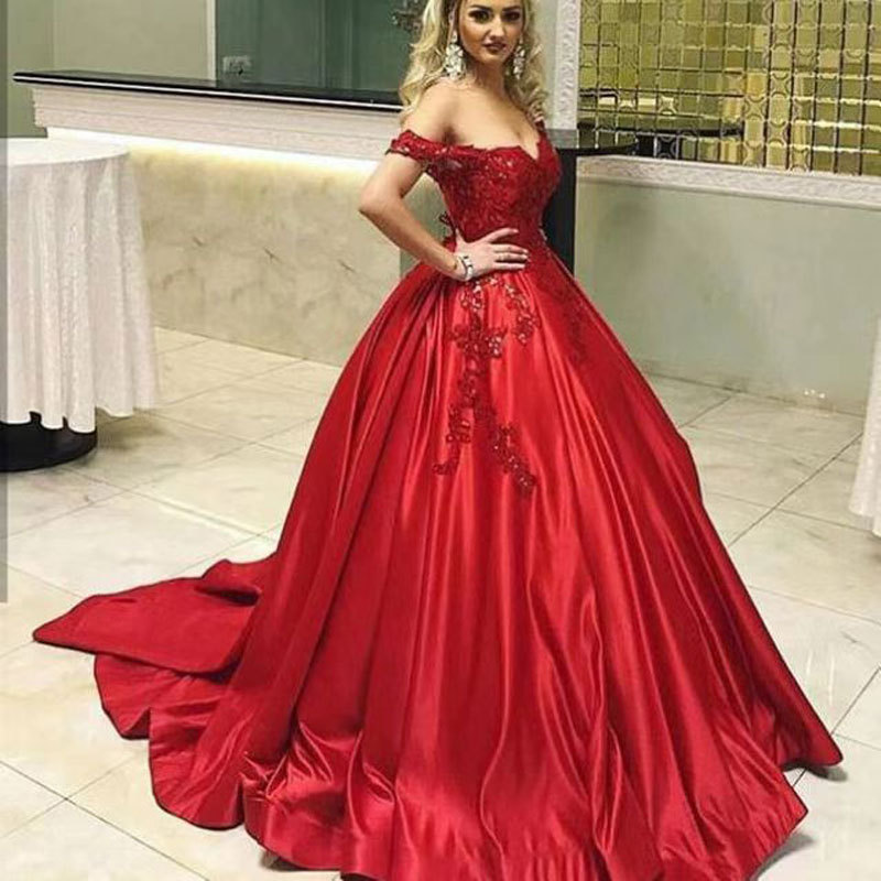El Comercio exterior europeo y americano Amazon AliExpress desea el nuevo vestido de boda elegante largo Rojo fuera del hombro de las mujeres