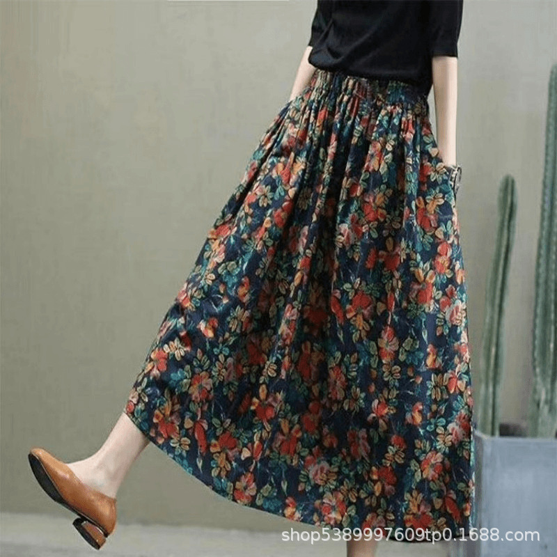 [cotton and Linen] Floral Skirt Spring and Summer New Mid-length High Waist Slim A-line Retro Elastic Mid-length Skirt