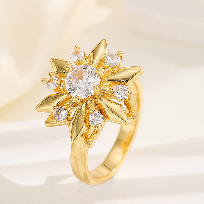 18K oro real color-preservar la suerte de la hierba estilo coreano transfronterizo diamante incrustado rotación de moda abierto anillo ajustable