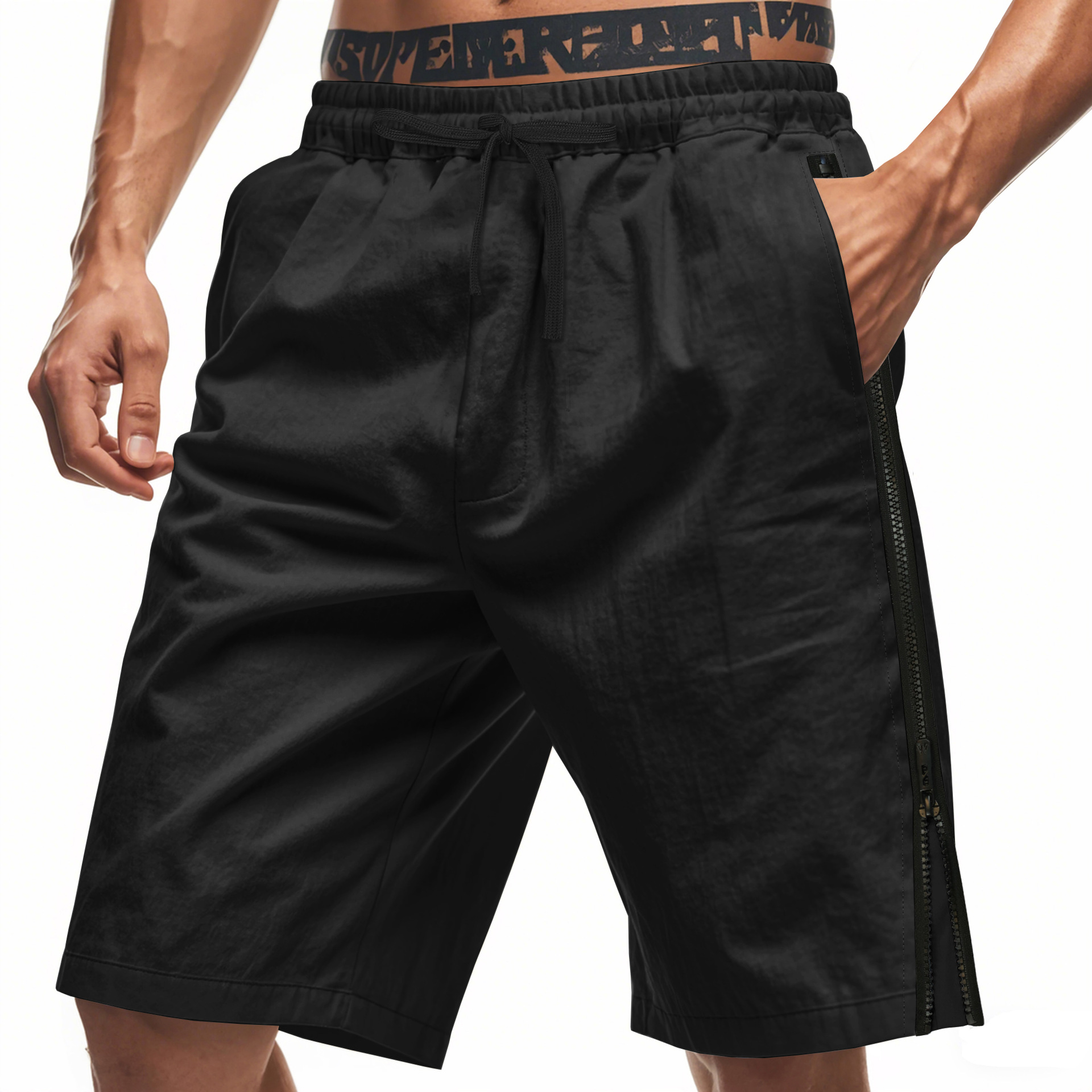 Estación independiente transfronteriza de hombres europeos y estadounidenses verano rápido secado transpirable laterales cremallera TK deportivo relajado pantalones cortos casuales de fitness