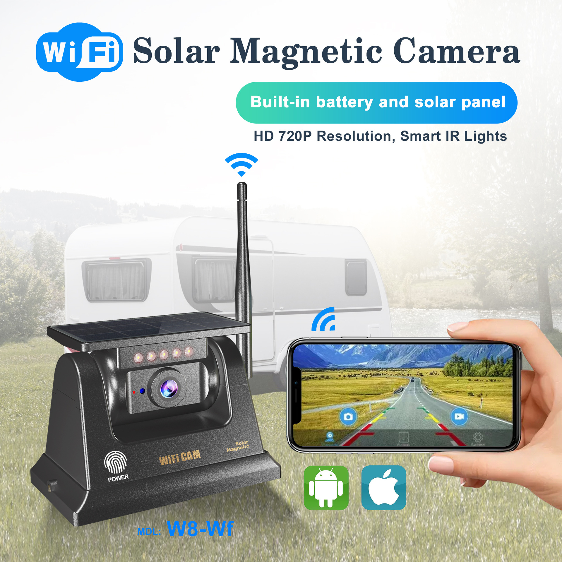 Cross-Border Trailer Waterproof Magnetic Reversing High-Definition 1080/720P Solar Wireless Wifi Car Camera