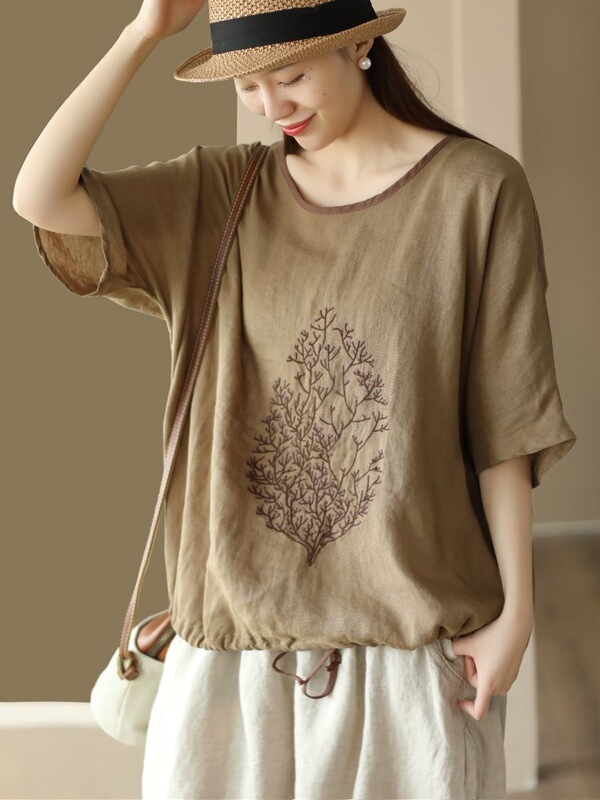Chinese Style Ethnic Style Heavy Embroidery Half-Sleeve Loose Artistic Cotton and Linen T-Shirt for Women 2026 Summer
