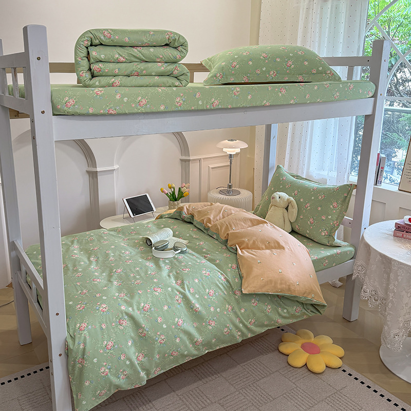 Juego de cama de dormitorio de estudiantes universitarios de tres piezas de algodón puro algodón lavado de algodón sábana individual funda de edredón juego de cama de cuatro piezas