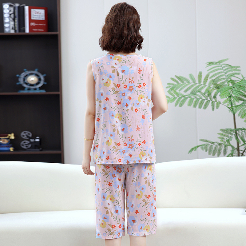 女性用コットンシルクパジャマ、夏用薄手コットンシルクホーム服、ノースリーブミドルパンツ、中高年者も屋外で着用可能、人工綿カバー|undefined
