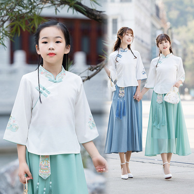 中国风亲子装旗袍元素新款闺蜜女式上衣民族风绣花立领半袖唐装