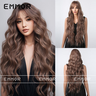 Internet Celebrous Live Broadcast Long Hair Eight-character Bangs European and American Style Brown Long Curly Hair Big Wave Simulation Full-cover Wig Women