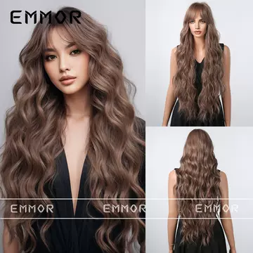 Internet Celebrity Live Long Hair Eight-character Bangs European and American Style Brown Long Curly Hair Big Wave Simulation Full-cover Wig Women