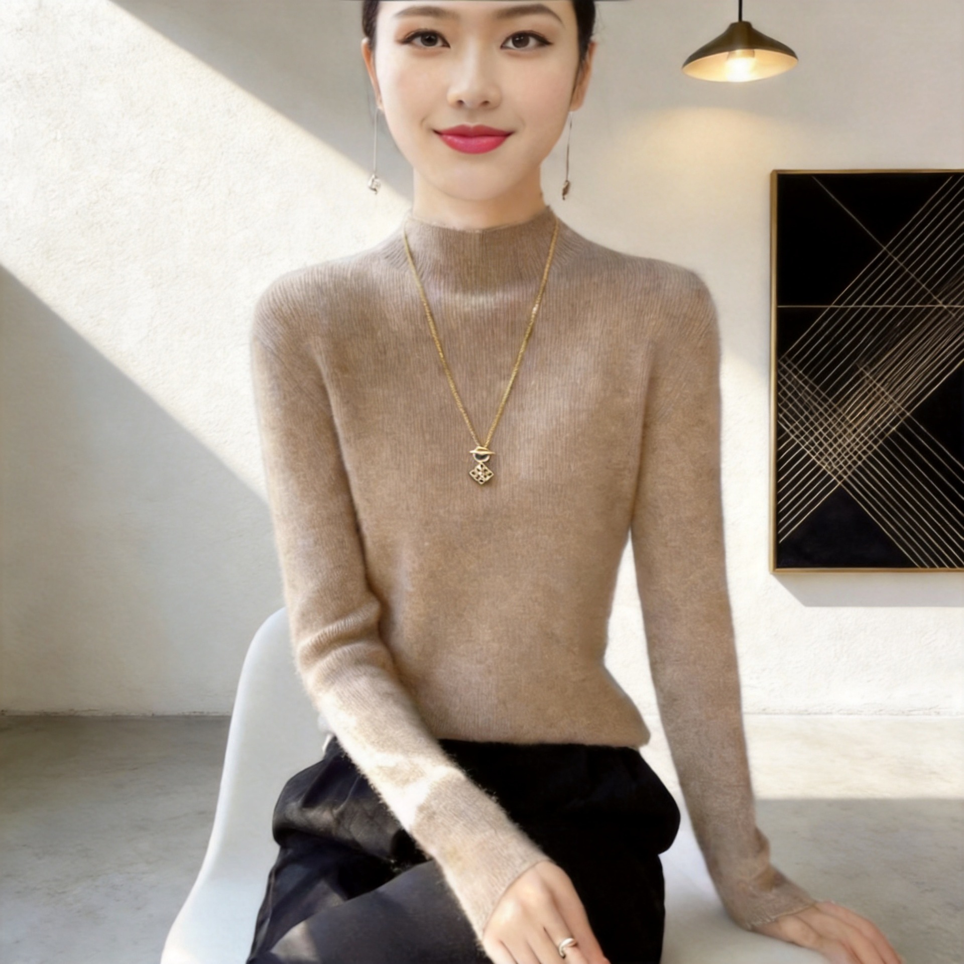 Elegant high-neck creative wholesale 2026 private autumn regular women's base layer shirt manufacturer mature woman style beige