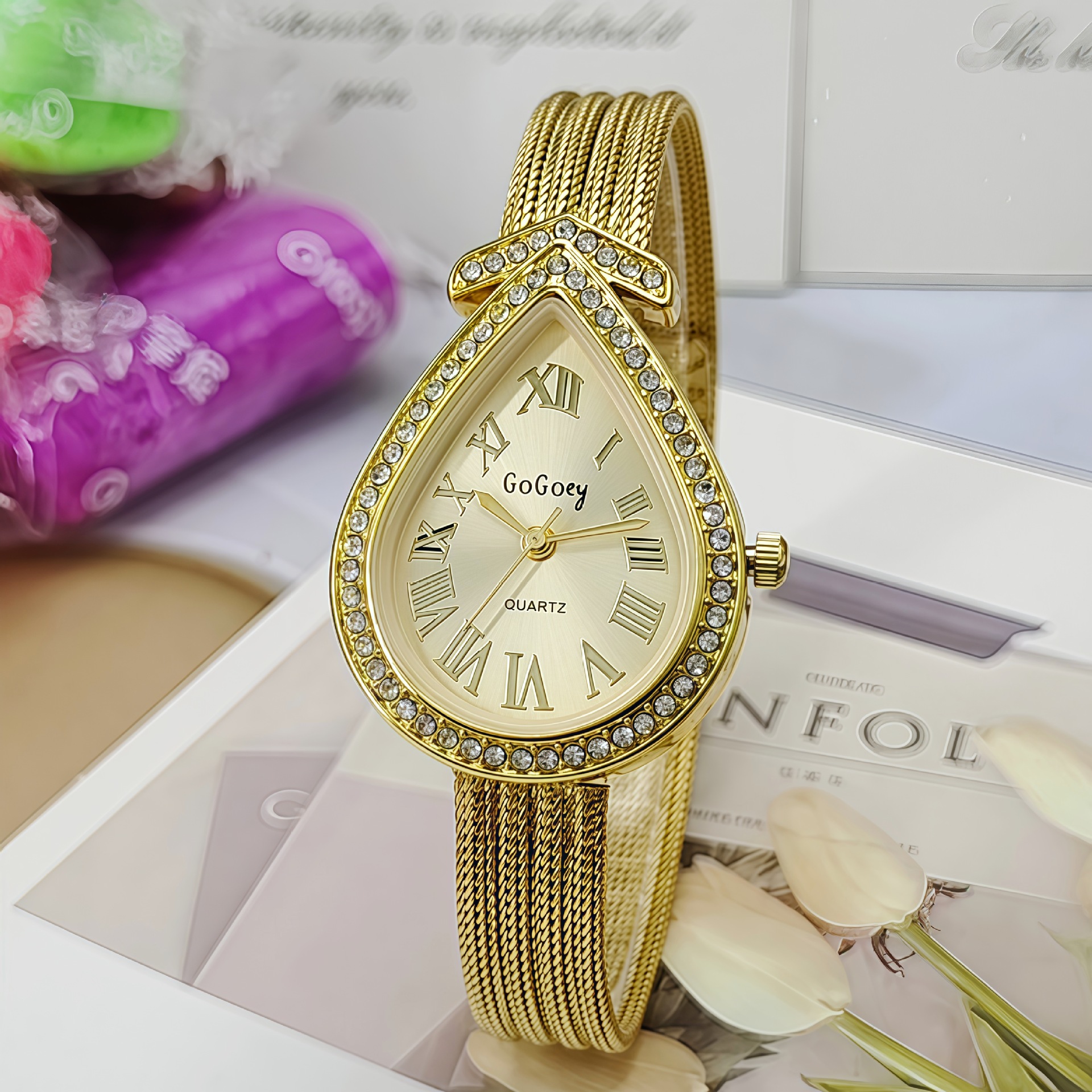 Fashionable and Creative New Cross-Border Women's Watch, Women's Watch, High-End Student Mesh Strap, Water Drop Diamond Niche Quartz Watch