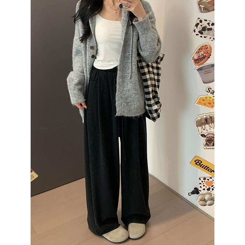 秋装深灰色花边针织阔腿糯米裤子大码女装胖mm显瘦慵懒毛巾休闲裤|undefined