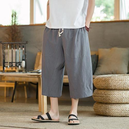 Cotton Linen Loose Fit Unisex Linen 7/8 Pants Chinese Style Summer Wear Trend Brand Thin Hem Flared Casual Short Pants