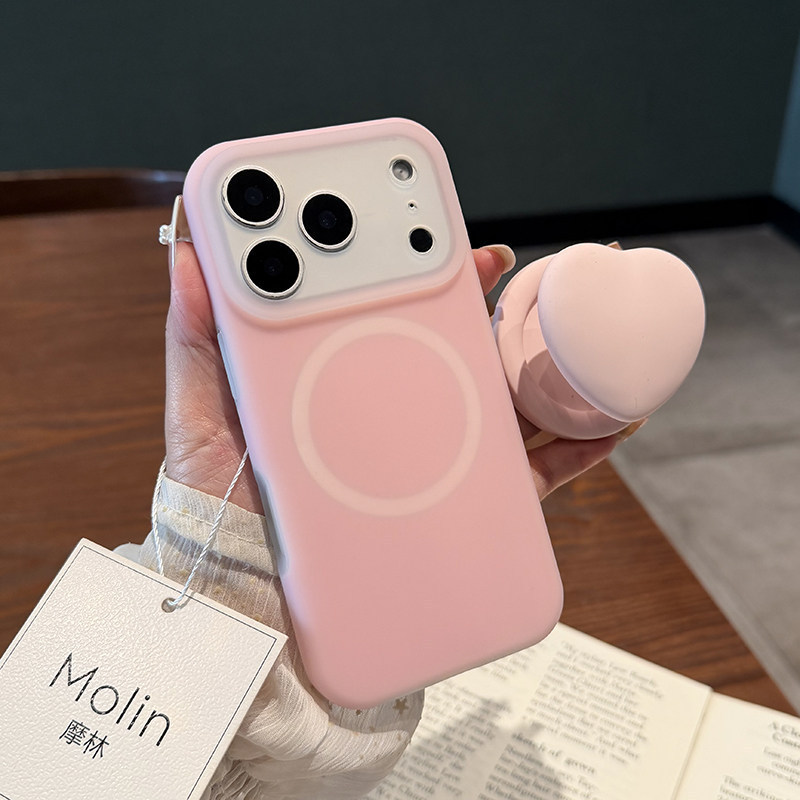 Suitable for Apple 17Pro Mobile Phone Case, New Magnetic Jelly Liquid Silicone iPhone 16Promax Lens Protective Case with Camera Button, 15Pm Mobile Phone Case, Heart-Shaped Airbag Stand, 14 Case
