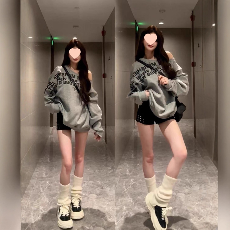 新款辣妹慵懒风长袖卫衣女美式斜肩字母设计感宽松春秋季上衣|undefined